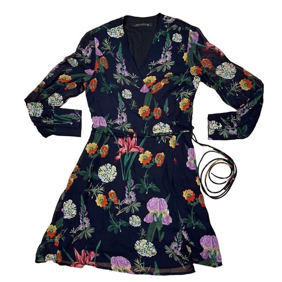 Zara Woman SMALL Black Lined Botanical/Floral Wrap Dress w Sheer Sleeves - Picture 1 of 7